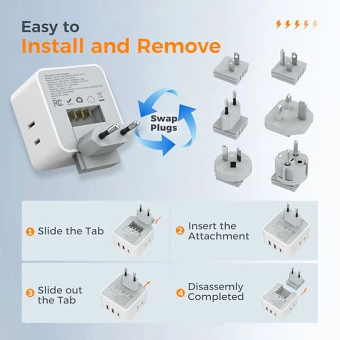 TESSAN Universal Travel Adapter Kit, 6-in-1 International Power Adapter with 3 USB (1 USB C) and 3 AC Outlets, Wordwide Adaptor Supports Type C, G, E/F, I, A, B for US EU UK Australia Japan, Grey by TESSAN - Image 6
