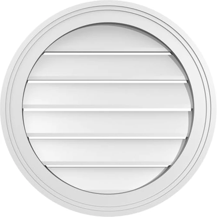 20"W x 20"H Round Surface Mount Signature Urethane Gable Vent: Functional, w/ 2"W x 1-1/2"P Brickmould Frame, Primed Tan by Signature Urethane - Image 1