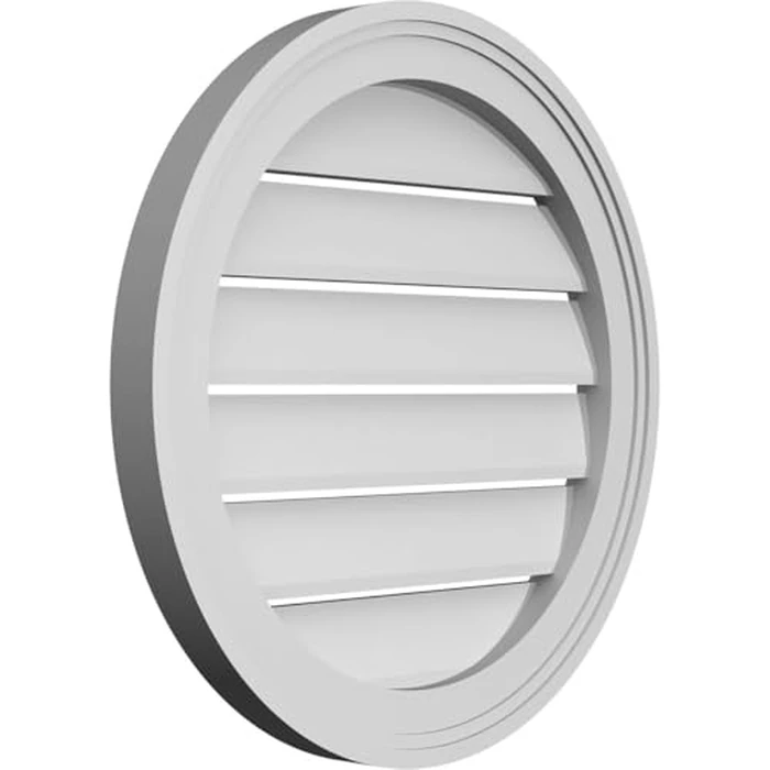 20"W x 20"H Round Surface Mount Signature Urethane Gable Vent: Functional, w/ 2"W x 1-1/2"P Brickmould Frame, Primed Tan by Signature Urethane - Image 2