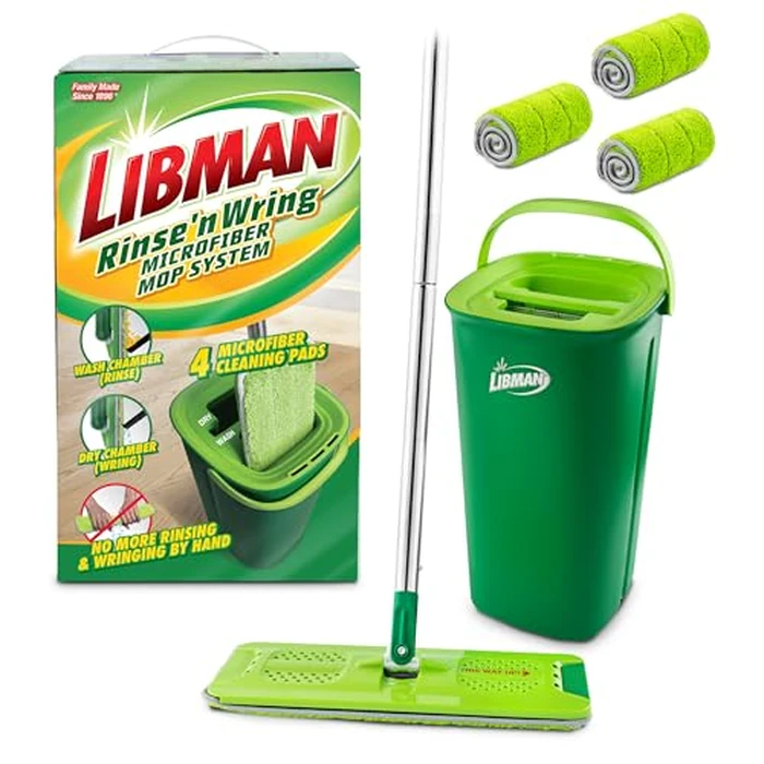 Libman Rinse 'n Wring Mop and Bucket System | Microfiber Floor Mop | Hardwood Floor Cleaner | Wet & Dry Mop | Clean & Dirty Water Chambers | Power Blades | 4 Total Microfiber Pads by LIBMAN COMMERCIAL - Image 1