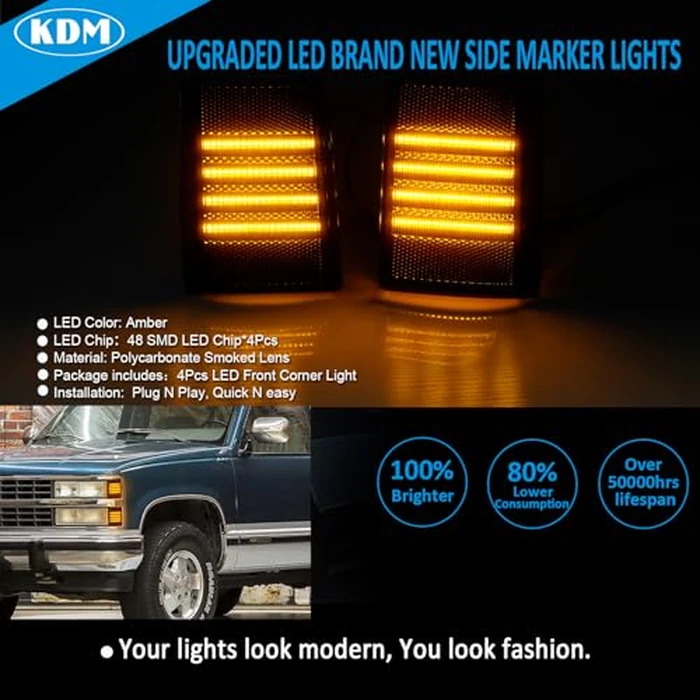KDM Smoked Lens LED Front Bumper Corner Side Marker Light Fit for 1988-1993 Chevy Silverado C/K 1500 2500 3500 C10 Suburban Tahoe,Pickup Truck,Corner Signal Lamp Bright Amber,4Pack by KDM - Image 2