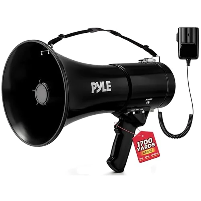 Pyle Megaphone - 50W Bullhorn with Siren & Volume Control, AUX Input for Streaming Music - Loud & Clear for Sports, Events, & Safety, Includes Detachable Mic and Carry Strap by Pyle - Image 1