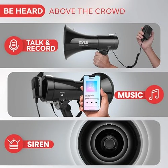 Pyle Megaphone - 50W Bullhorn with Siren & Volume Control, AUX Input for Streaming Music - Loud & Clear for Sports, Events, & Safety, Includes Detachable Mic and Carry Strap by Pyle - Image 3