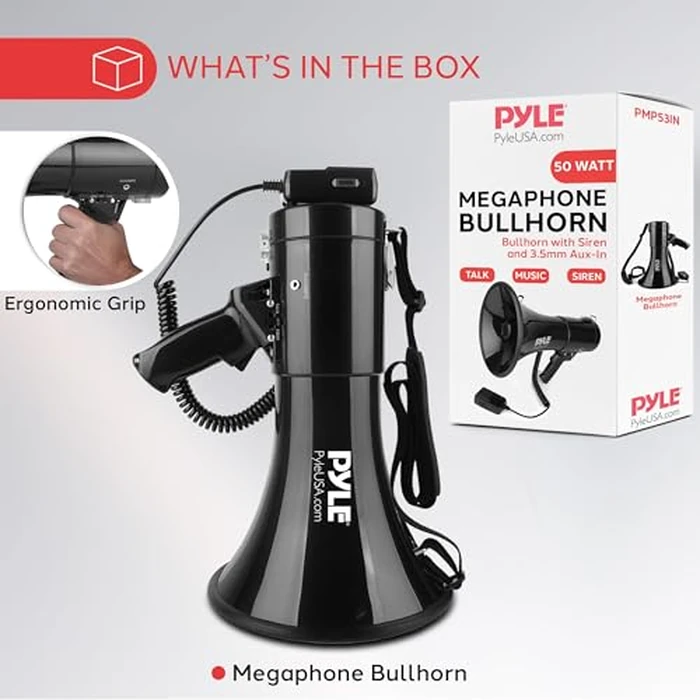 Pyle Megaphone - 50W Bullhorn with Siren & Volume Control, AUX Input for Streaming Music - Loud & Clear for Sports, Events, & Safety, Includes Detachable Mic and Carry Strap by Pyle - Image 7