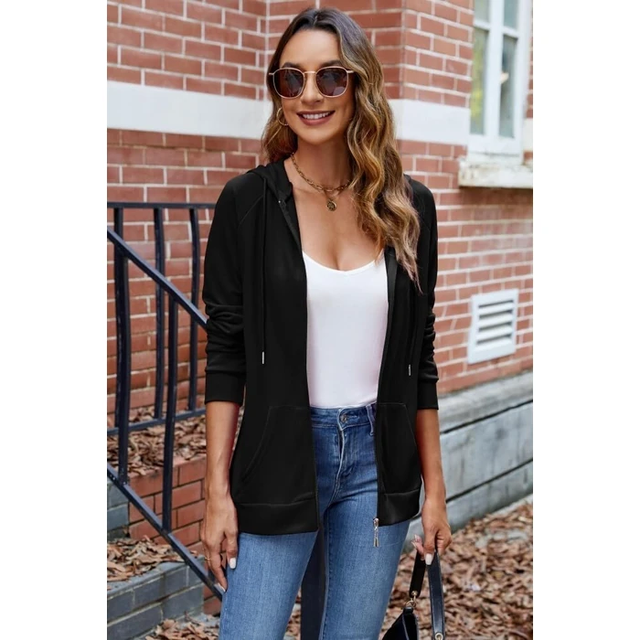 HTD Womens Casual Full Zip Up Hoodie Basic Lightweight Long Sleeve Sweatshirt Solid Color Jacket With Pockets BlackC S by HTD - Used - Like New condition - US$18.01