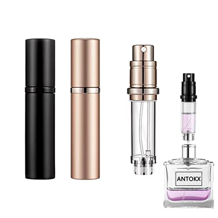 Perfume Travel Spray Bottle Atomizer - 2-Pack 5ML ANTOKX Atomizer Perfume Bottle, Scent Pump Case, Luxury Leakproof Refillable Perfume Spray Bottle for Women and Men (Black & Rose gold) by ANTOKX - Used - Very Good condition