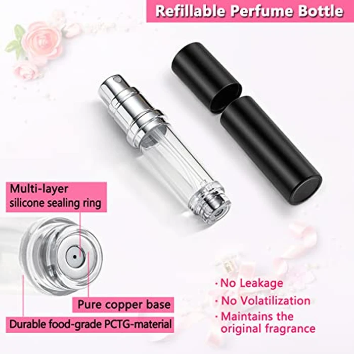 Perfume Travel Spray Bottle Atomizer - 2-Pack 5ML ANTOKX Atomizer Perfume Bottle, Scent Pump Case, Luxury Leakproof Refillable Perfume Spray Bottle for Women and Men (Black & Rose gold) by ANTOKX - Image 2