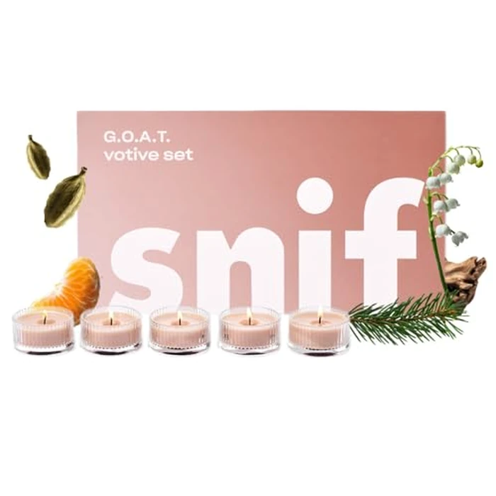 Snif G.O.A.T. Votive Candle Set, 5 Premium Scented Candles, 100% Cotton Fiber Wicks, Soy Wax Blend, Non-Toxic, Vegan by Snif - Used - Like New condition - US$14.07