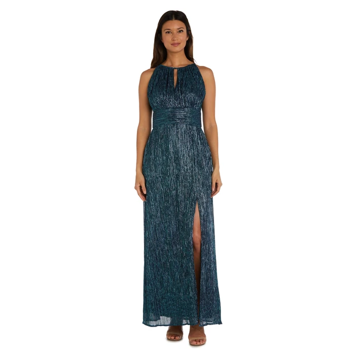 R&M Richards Women's Halter Neck Crinkle Metallic Gown W/Waistband & Side Slit for Cocktail Party & Special Occasions by R&M Richards - Image 1