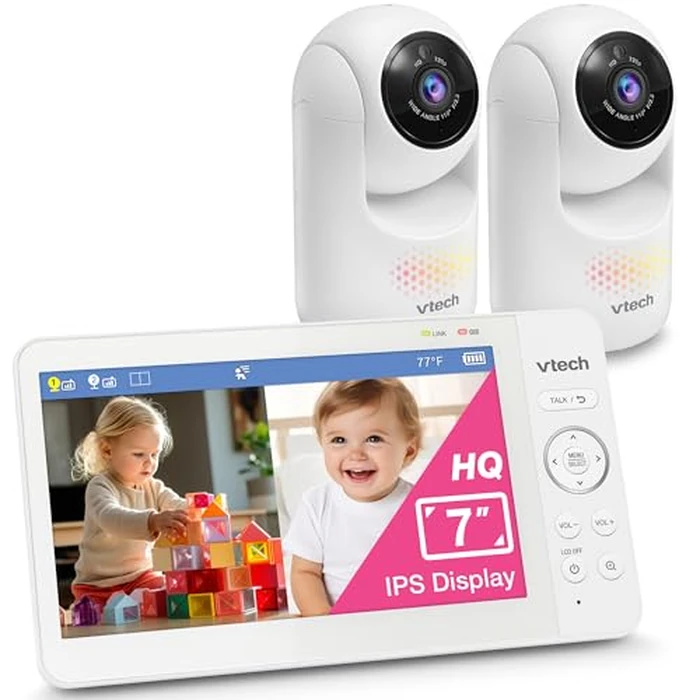 VTech Advanced HQ Max Twin 7" Digital Video 2-Cameras Baby Monitor with Pan Tilt Zoom, Long Battery Life 5000mAh, IPS Screen, Adaptive Multi-Color Night Light, 2-Way Talk, HQ Display, No WiFi, White by VTech - Used - Acceptable condition