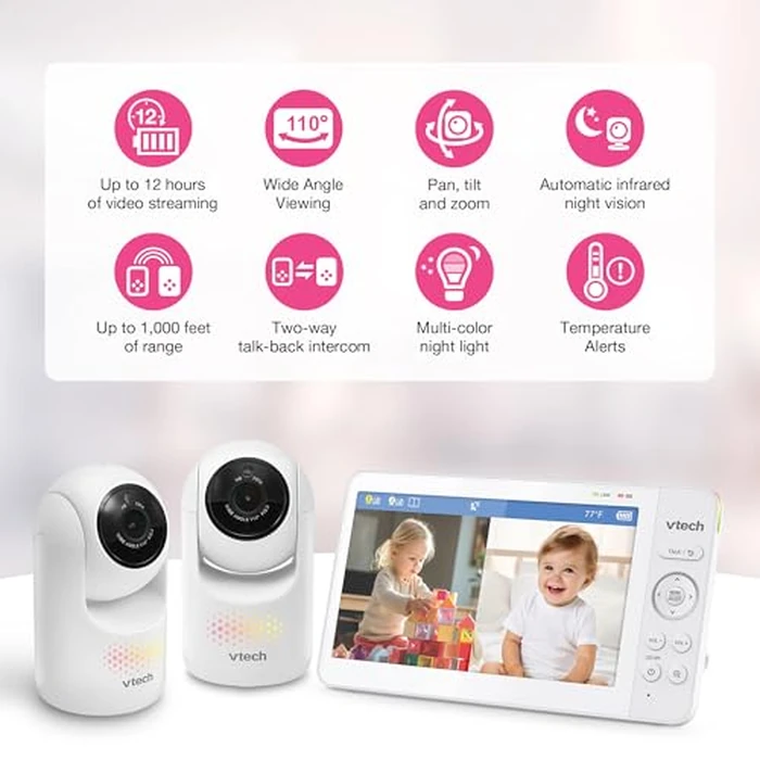 VTech Advanced HQ Max Twin 7" Digital Video 2-Cameras Baby Monitor with Pan Tilt Zoom, Long Battery Life 5000mAh, IPS Screen, Adaptive Multi-Color Night Light, 2-Way Talk, HQ Display, No WiFi, White by VTech - Image 2