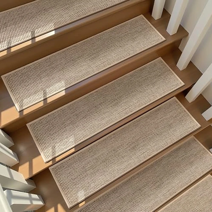 Linen Stair Treads Non Slip 10pcs Comfortable Stair Runner for Wooden Steps Peel and Stick Stairs Carpet Treads Indoor Staircase Covers Mat with Self-Adhesive Backing for Pets Kids 8"X30" Beige by Deerly - Image 1