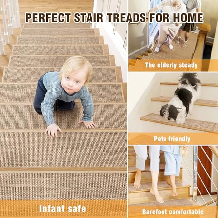 Linen Stair Treads Non Slip 10pcs Comfortable Stair Runner for Wooden Steps Peel and Stick Stairs Carpet Treads Indoor Staircase Covers Mat with Self-Adhesive Backing for Pets Kids 8"X30" Beige by Deerly - Image 6