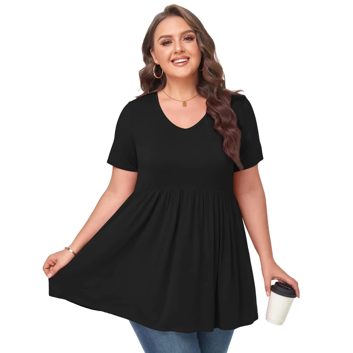 MONNURO Womens Plus Size Summer Tops Cute Babydoll Peplum Tunic Maternity Tops Loose Lightweight Breathable Fit V-Neck Short Sleeve Flowy Blouse(Black,1X) by MONNURO - Image 1