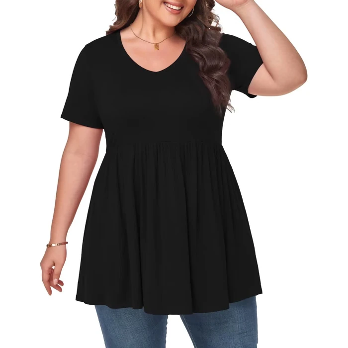 MONNURO Womens Plus Size Summer Tops Cute Babydoll Peplum Tunic Maternity Tops Loose Lightweight Breathable Fit V-Neck Short Sleeve Flowy Blouse(Black,1X) by MONNURO - Image 3
