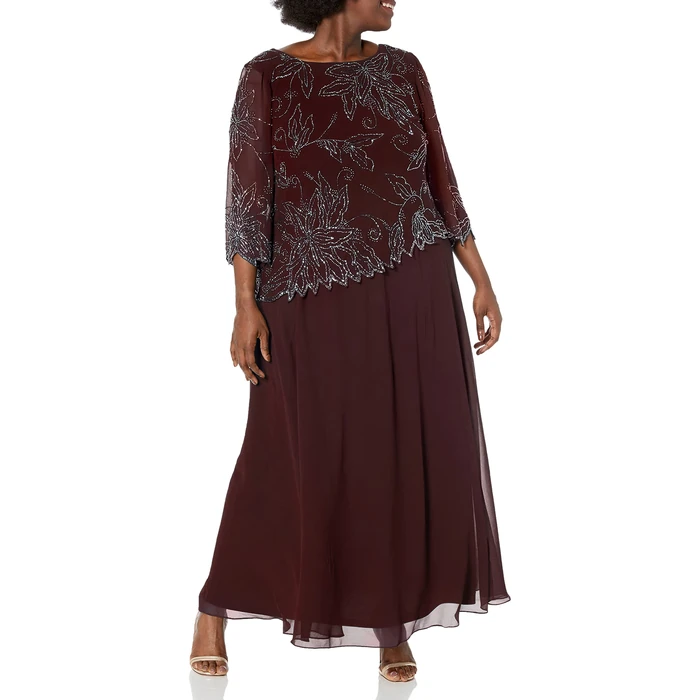 J Kara Women's Plus Size Sheer Sleeve Floral Beaded Long Dress, Wine/Shaded/Mercury, 16W by J Kara - Used - Like New condition - US$61.51