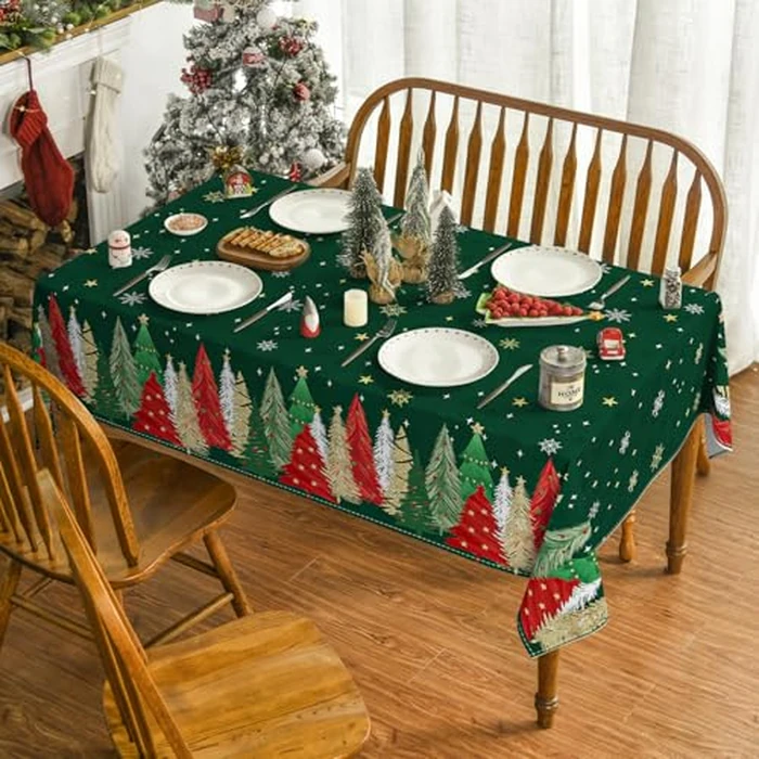 Horaldaily Christmas Tablecloth 52x70 Inch Rectangular, Christmas Trees Green Washable Table Cover for Party Picnic Dinner Decor by Horaldaily - Image 2