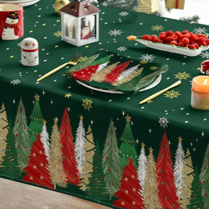 Horaldaily Christmas Tablecloth 52x70 Inch Rectangular, Christmas Trees Green Washable Table Cover for Party Picnic Dinner Decor by Horaldaily - Image 4