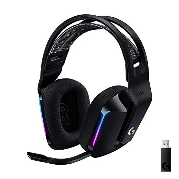Logitech G733 Lightspeed Wireless Gaming Headset with Suspension Headband, LIGHTSYNC RGB, Blue VO!CE mic Technology and PRO-G Audio Drivers - Black by Logitech G - Used - Good condition - CA$108.35