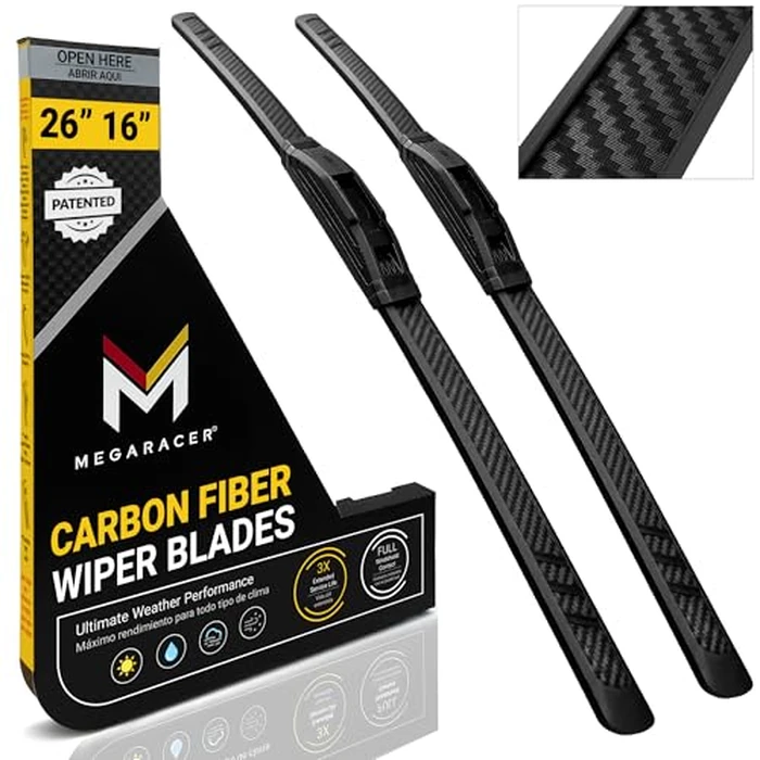 Premium Silicone Carbon Fiber Windshield Wiper Blades 26" & 16" - Patented All-Season, Quiet & Smooth Streak-Free Clean Wipe, OEM Quality, Front Automotive Replacement Wipers for Car & Truck (2 Pack) by Mega Racer - Image 1