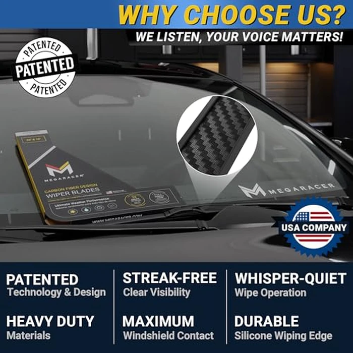 Premium Silicone Carbon Fiber Windshield Wiper Blades 26" & 16" - Patented All-Season, Quiet & Smooth Streak-Free Clean Wipe, OEM Quality, Front Automotive Replacement Wipers for Car & Truck (2 Pack) by Mega Racer - Image 5