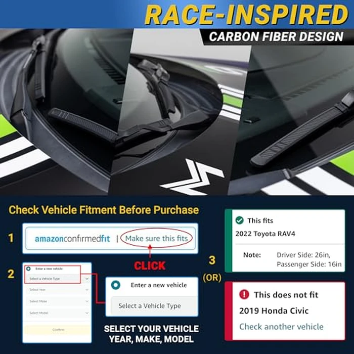 Premium Silicone Carbon Fiber Windshield Wiper Blades 26" & 16" - Patented All-Season, Quiet & Smooth Streak-Free Clean Wipe, OEM Quality, Front Automotive Replacement Wipers for Car & Truck (2 Pack) by Mega Racer - Image 8