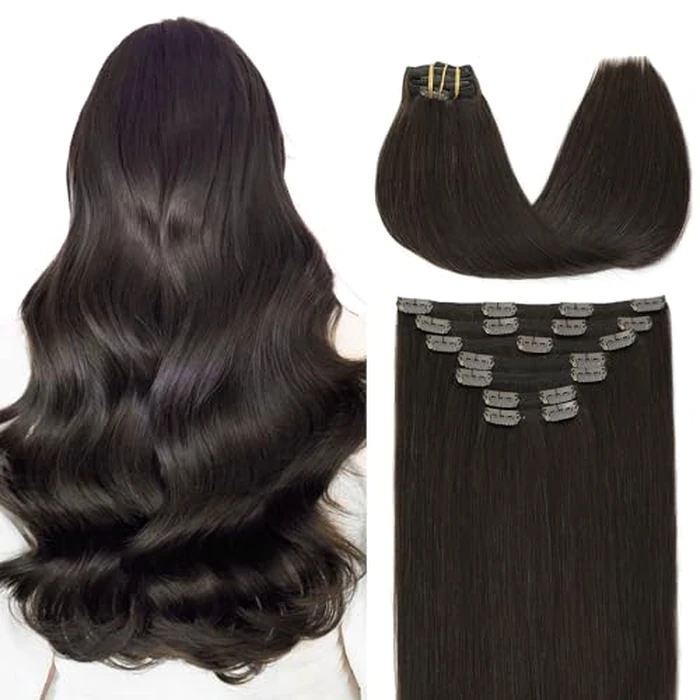 VINBAO Thick Hair Extensions Clip in Human Hair 16 Inch 7 Pcs Straight Extensions Clip in Color 2 Dark Brown Hair Clip Ins 140g Human Hair Extensions Double Weft For Women(7C#2-16Inch) by VINBAO - Used - Acceptable condition - CA$30.47