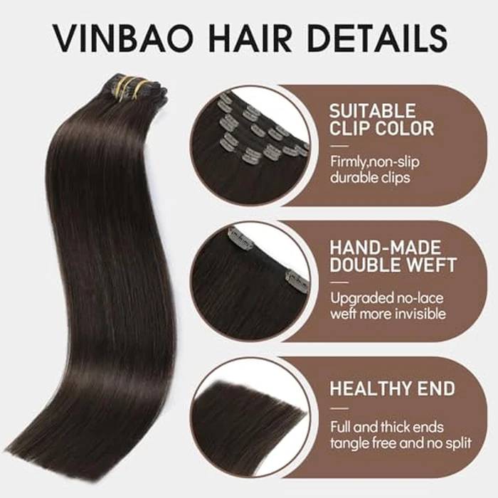 VINBAO Thick Hair Extensions Clip in Human Hair 16 Inch 7 Pcs Straight Extensions Clip in Color 2 Dark Brown Hair Clip Ins 140g Human Hair Extensions Double Weft For Women(7C#2-16Inch) by VINBAO - Image 2