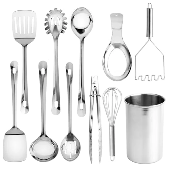 COOK WITH COLOR Kitchen Utensil Set - premium Nonstick & Heat Resistant Kitchen Gadgets, Turner, Spaghetti Server, Serving Spoons, Whisk, Tongs, Masher & Utensil Holder, 10-piece Stainless Steel by COOK WITH COLOR - Image 1