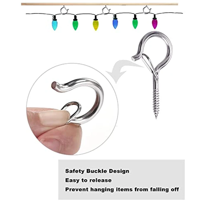 PlusRoc 20 Pack Ceiling Hooks for Hanging Plants Outdoor String Lights Heavy Duty, 2.2 Inch Eye Hook Screw in Cup Hooks Q-Hanger for Patio Lights, Wall Wood Fence Deck Mount(Stainless Steel, Silver) by PlusRoc - Image 2