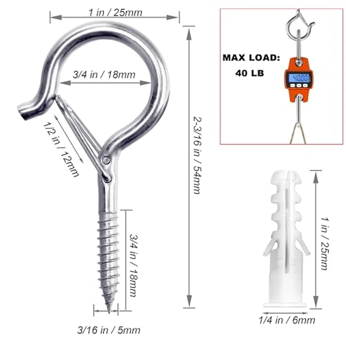 PlusRoc 20 Pack Ceiling Hooks for Hanging Plants Outdoor String Lights Heavy Duty, 2.2 Inch Eye Hook Screw in Cup Hooks Q-Hanger for Patio Lights, Wall Wood Fence Deck Mount(Stainless Steel, Silver) by PlusRoc - Image 3