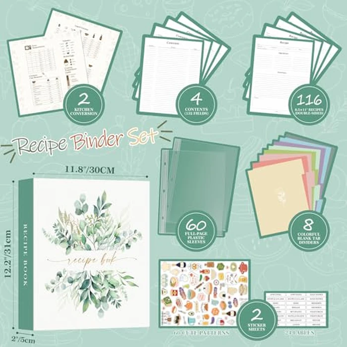 Lanpn Recipe Binder 8.5x11 3 Ring Kit, Waterproof Organizer Binder Recipe Book with 60 Plastic Sleeves,116 Recipes, Dividers, Labels & Stickers, Blank Cookbook to Write in Your Own Recipes by Lanpn - Image 3