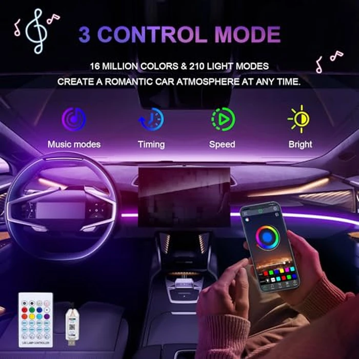 Acrylic LED Lights for Car, 43.3in RGB Strip Light Car LED Lights Interior with USB Port, App Control, Music Sync, 146 LEDs Interior Ca r Lights for Women Men Gifts by GPJYD - Image 3