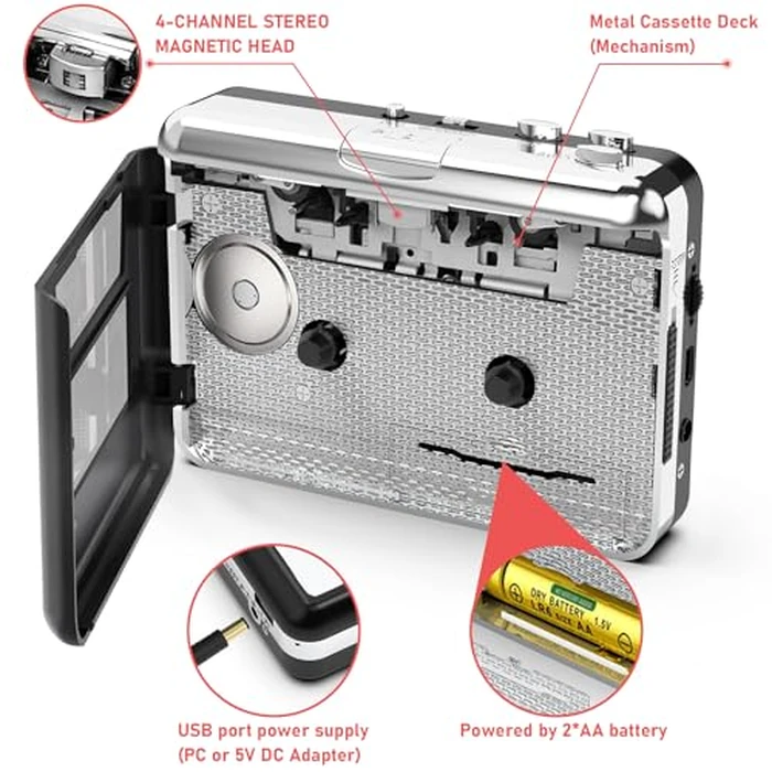 Cassette Player - Compact Tape Player Portable Recorder with Earphone-Convert Audio Music Cassette to MP3 Digital, Compatible with Laptop/PC/MAC- for Entertainment, Travel, Light Sports(Silver) by Mersoco - Image 4