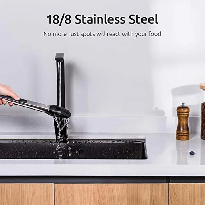 Kitchen Tongs, U-Taste 7/9/12 inches Cooking Tongs, with 600ºF High Heat-Resistant Non-Stick Silicone Tips, 18/8 Stainless Steel Handle, for Food Grill, Salad, BBQ, Frying, Serving, Pack of 3(Black) by U-Taste - Image 8