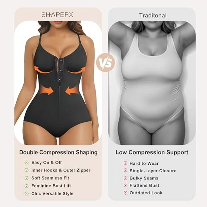 SHAPERX Women's Shapewear Bodysuit Tummy Control Seamless Zip-Up Body Shaper Waist Defining Body Suit,SZ5861-Black-S/M by SHAPERX - Image 2