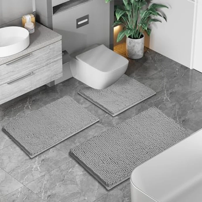 3 Piece Bathroom Rug Set Non Slip 3 Piece Bath Rug Set Ultra Soft Bath Rug,Absorbent Shaggy Bath Mat,Perfect Plush Bathroom Mats Sets with U-Shaped Toilet Mat by RUN HELIX - Image 3