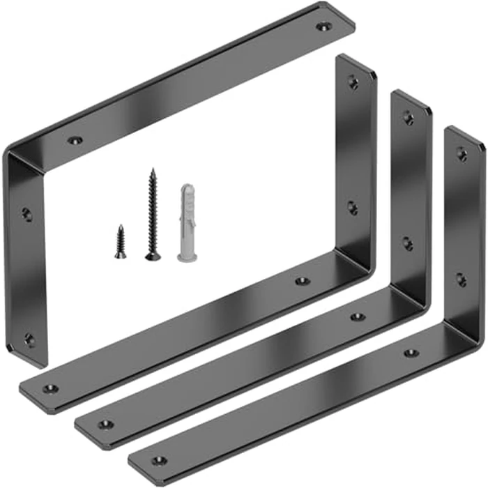 GOFOWRK Shelf Brackets, 1/5 inch Thicked Floating Shelf Bracket 10 inch Long, Black L Brackets for Shelves with Hardware, Solid Steel Heavy Duty Shelf Bracket for Shelves Support (4 Pack) by GOFOWRK - Used - Very Good condition - CA$29.17