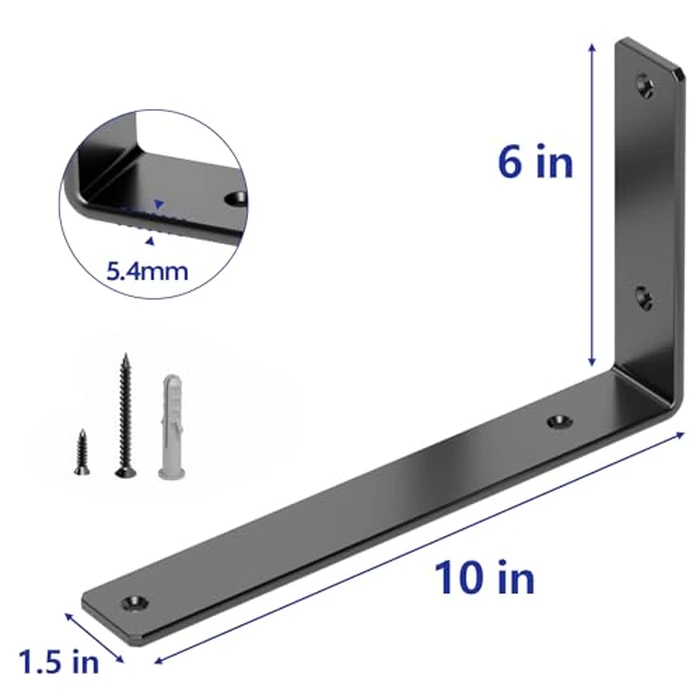 GOFOWRK Shelf Brackets, 1/5 inch Thicked Floating Shelf Bracket 10 inch Long, Black L Brackets for Shelves with Hardware, Solid Steel Heavy Duty Shelf Bracket for Shelves Support (4 Pack) by GOFOWRK - Image 2