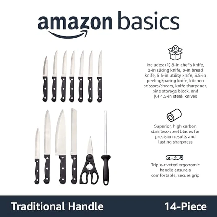 Amazon Basics 14-Piece High Carbon Stainless Steel Kitchen Knife Set with Sharpener and Pinewood Block, Black by Amazon Basics - Used - Good condition - CA$27.49