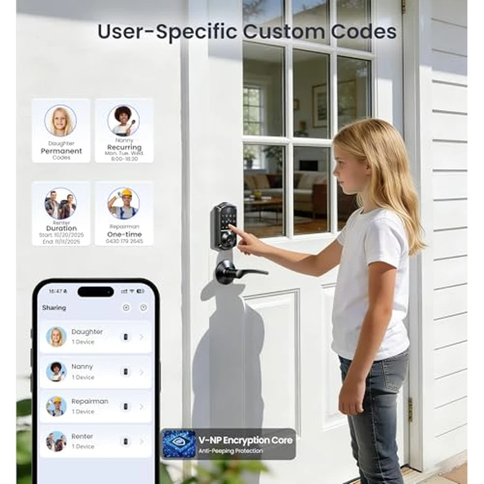 Veise VE017 Fingerprint Smart Door Lock, App Control, 8-in-1 Keyless Entry, Auto Lock, Emergency Power Port, Electronic Touchscreen Keypad, Biometric Smart Locks for Front Door, Matte Black by Veise - Image 3
