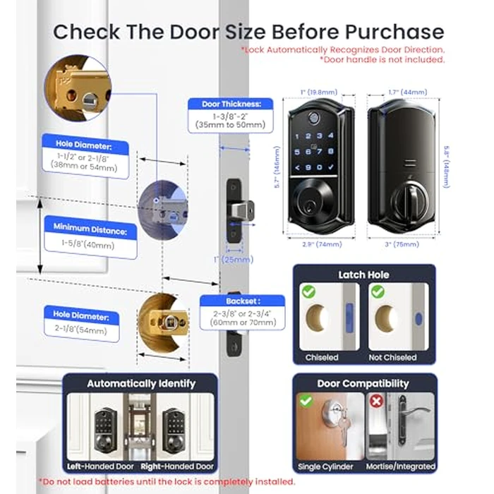 Veise VE017 Fingerprint Smart Door Lock, App Control, 8-in-1 Keyless Entry, Auto Lock, Emergency Power Port, Electronic Touchscreen Keypad, Biometric Smart Locks for Front Door, Matte Black by Veise - Image 8