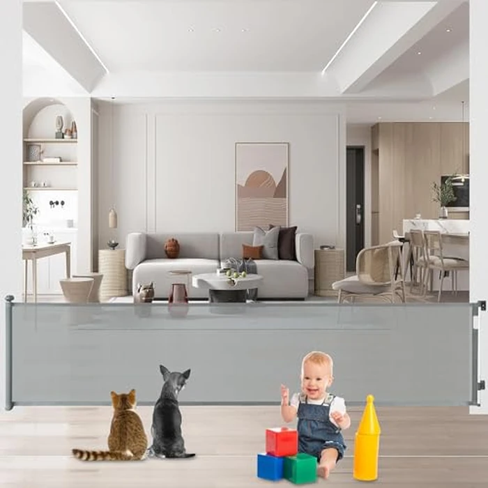 Baby Gate Retractable Gates for Stairs, Mesh Dog Gate for The House, Wide Pet Gate 33" Tall, Extends to 126" Wide, Long Child Safety Gates for Stairs, Hallways, Indoor/Outdoor, Cat Gate (Grey) by Aertyole - Used - Good condition