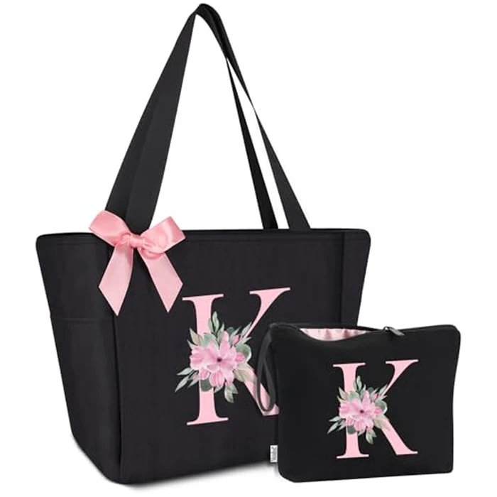 Vavabox Tote Bag, A-Z Initial Monogrammed Waterproof Tote Bag, Bridesmaid Gifts for Women, Black and Pink (K, Black Set) by Vavabox - Used - Very Good condition - US$20.67