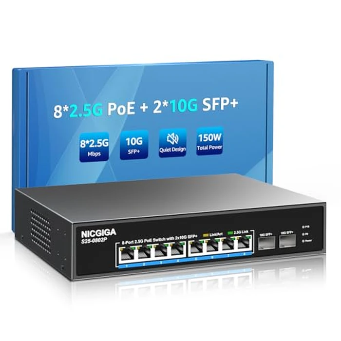 8 Port 2.5G PoE Switch Unmanaged with 8 Port 2.5Gb Base-T PoE+@130W + 2 x 10G SFP+ Uplink, NICGIGA 10 Port 2.5Gbe IEEE802.3af/at Power Over Ethernet Switch, Support WiFi6 AP, NAS, 4K PoE Camera NVR. by NICGIGA - Image 1