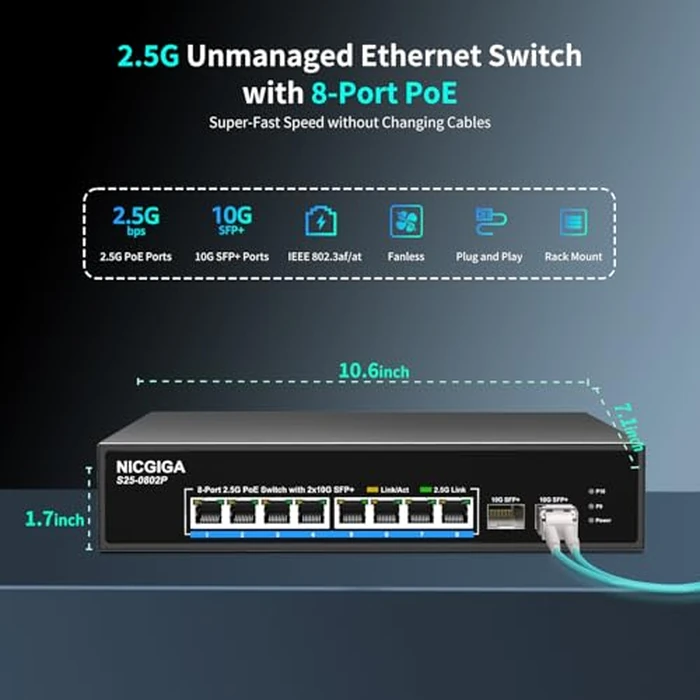 8 Port 2.5G PoE Switch Unmanaged with 8 Port 2.5Gb Base-T PoE+@130W + 2 x 10G SFP+ Uplink, NICGIGA 10 Port 2.5Gbe IEEE802.3af/at Power Over Ethernet Switch, Support WiFi6 AP, NAS, 4K PoE Camera NVR. by NICGIGA - Image 5