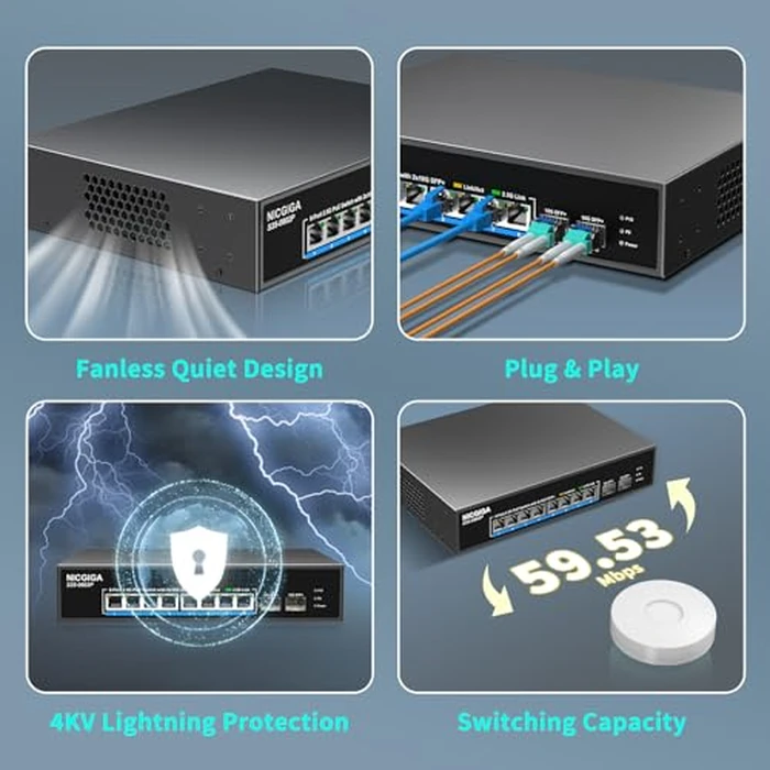 8 Port 2.5G PoE Switch Unmanaged with 8 Port 2.5Gb Base-T PoE+@130W + 2 x 10G SFP+ Uplink, NICGIGA 10 Port 2.5Gbe IEEE802.3af/at Power Over Ethernet Switch, Support WiFi6 AP, NAS, 4K PoE Camera NVR. by NICGIGA - Image 7