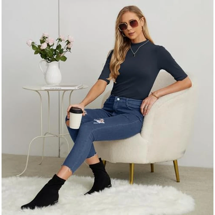 PrinStory Women’s Mock Neck Short Sleeve Tops - Non See Through Business Casual Shirts for Office TravelWrinkle Free Slim Fit Blouse Navy Blue US L by PrinStory - Used - Like New condition