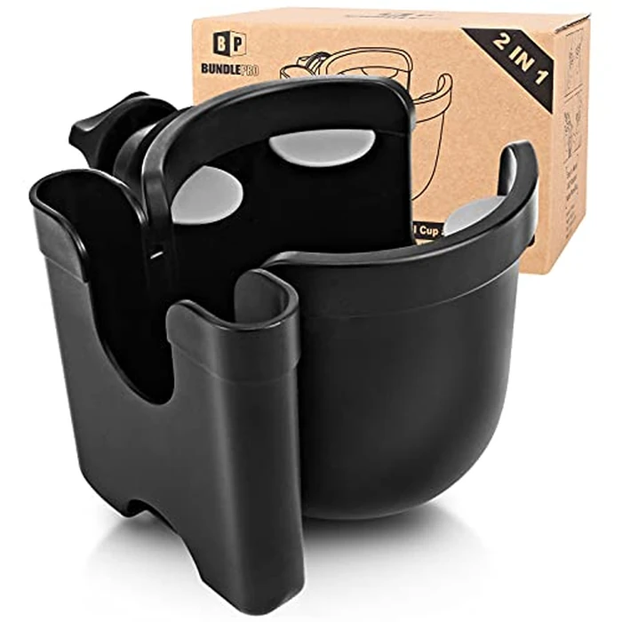 Universal Stroller Cup Holder with Mobile Phone Case, 2-in-1 Strollers Storage Rack, 360 Degrees Rotation Drink Holder for Bike, Pushchair, Wheelchair, Walker,Bicycle, Fits Most Cups by BUNDLEPRO - Used - Like New condition - CA$18.03