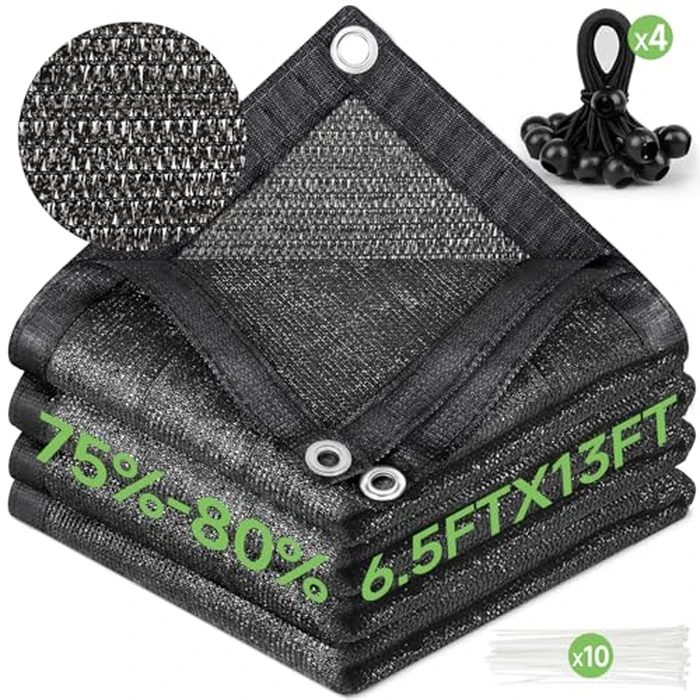 FOTMISHU 75%-80% Shade Cloth 6.5ftx13ft Heavy Duty Anti-Aging Sun Mesh UV Resistant Net, Sunblock Garden Shade Mesh Tarp for Plant Cover, Barn or Kennel, Flowers, Plants, Used for 3 Years or Even Long by FOTMISHU - Used - Very Good condition